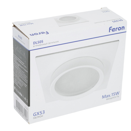 Светильник потолочный встраиваемый, 15W 230V GX53, IP44, белый, квадрат, без лампы, DL505 Feron