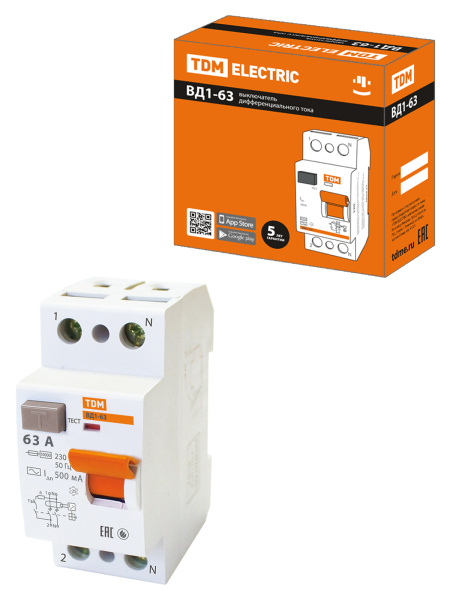 Устройство защитного отключения УЗО ВД1-63 2П 63А 500мА TDM