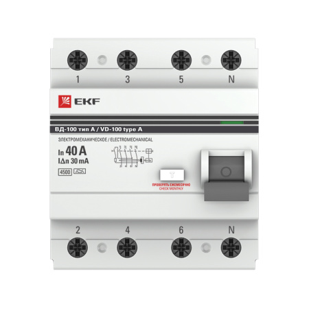 Устройство защитного отключения ВД-100 УЗО 4П 40А (эл-мех, тип А) 4,5кА 30мА PROxima EKF