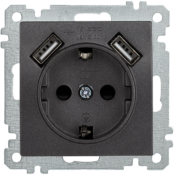 Розетка РЮш10-1-Б с з/з с защитной шторкой 16А USBх2 2,1A BOLERO антрацит IEK