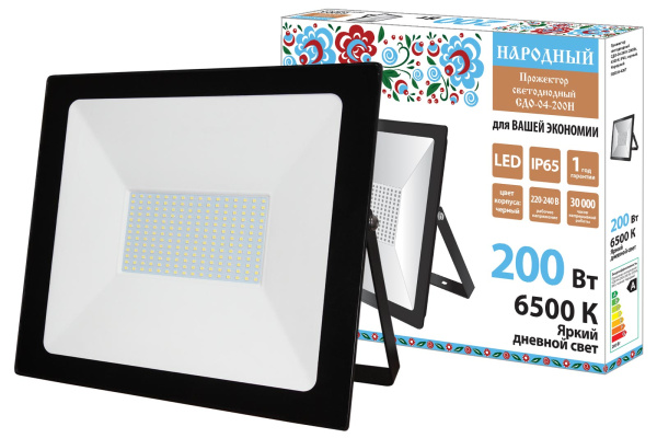 Прожектор светодиодный СДО-04-200Н 200 Вт, 6500 К, IP65, черный, Народный TDM