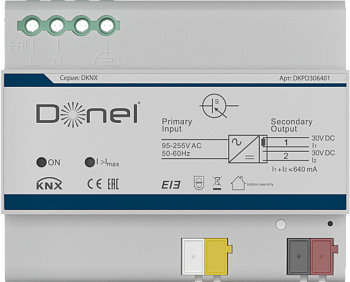 Donel KNX блок питания, 640 мA. Входное напряжение 95-255 В AC, 47-63 Гц, выход 1: 30 В DC +1/-2 В, SELV с дросселем; выход 2: 30 В DC +1/-2 В, SELV б