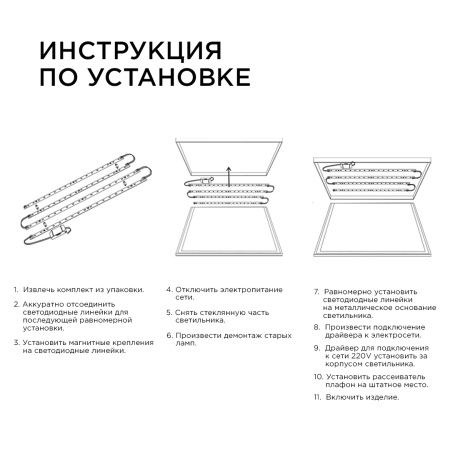 12-141 Комплект светодиодных линеек "Армстронг" для потолочных светильников; 4*8Вт (драйвер 36Вт), ~230В/50Гц, 4000лм, 6000К, smd 5730, 4*5... APEYRON