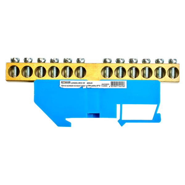 Шина "N" на изоляторе STEKKER 8*12 на DIN-рейку 12 выводов, синий, LD555-812-12