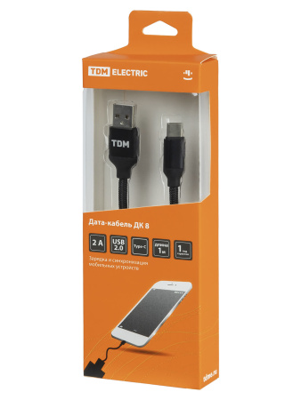 Дата-кабель, ДК 8, USB - USB Type-C, 1 м, тканевая оплетка, черный, TDM