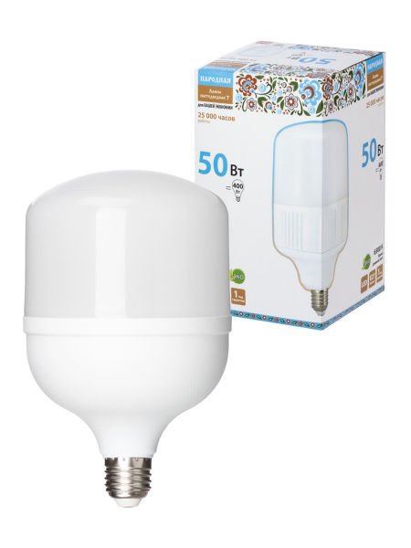 Лампа светодиодная T-50 Вт-230 В-6500 К–E27 (125x206 мм) Народная TDM