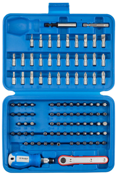 Набор Биты "ЭКСПЕРТ" УНИВЕРСАЛ, с мини-трещоткой и отверткой битодержателем, Cr-Mo, 99 предметов, в боксе. ЗУБР