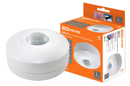 Датчик движения потолочный ДДП-03 1200Вт, 10-900с, 6м , 3+Лк, 120(сбоку)+360(сверху)гр IP33, TDM
