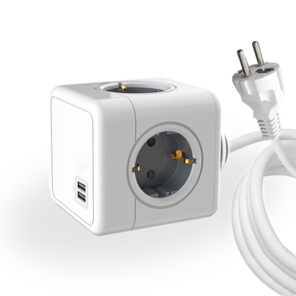 Удлинитель Cube Extended 4 Euro 16A, 2 USB A с блоком 5В/2.1А, кабель 1,5м RocketSocket, цвет белый-серый