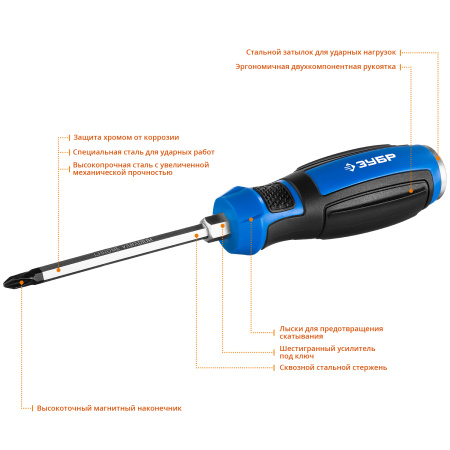 Отвертка ударная, сквозной Cr-V стержень, PH2 x 100 мм, усилитель под ключ, магнитный наконечник, двухкомп. рукоятка, Профессионал, "УДАРНИК" ЗУБР