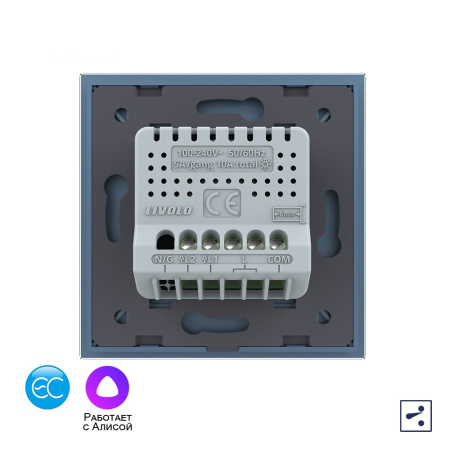Двухклавишный проходной умный сенсорный выключатель EC, 1 пост, цвет синий Livolo