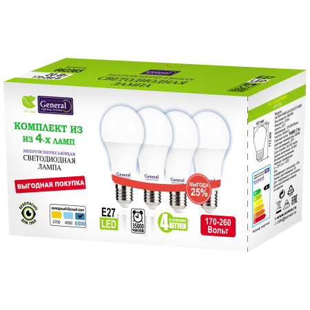 GLDEN-WA60-20-230-E27-6500 1/10/100 Упаковка 4 шт General