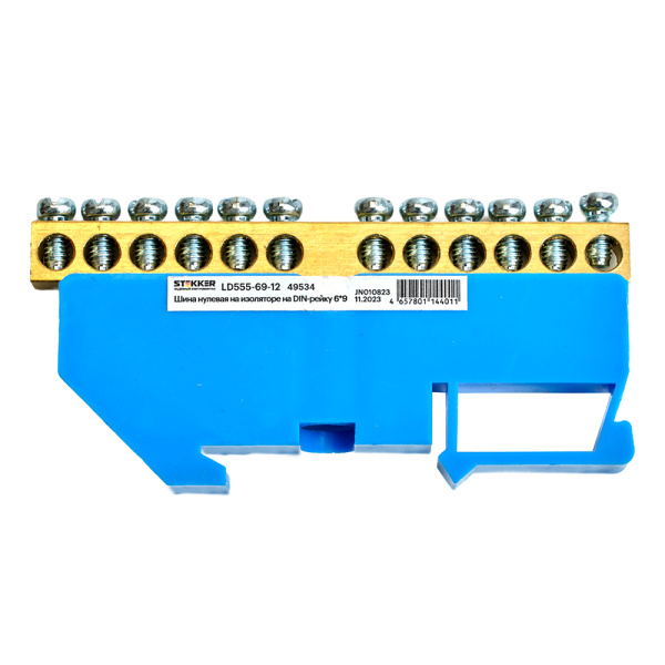 Шина "N" на изоляторе STEKKER 6*9 на DIN-рейку 12 выводов, синий, LD555-69-12