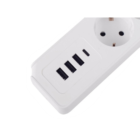 Удлинитель Power Strip USB Extended 3 Euro 16А, 4 USB 3A+C с блоком 5В/3.4А, кабель 1,4м RocketSocket, цвет белый