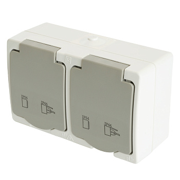 Розетка 2-местная с крышкой с/з STEKKER PST16-22-54, пластик АВS, 250В, 16А, IP54, белый/серый