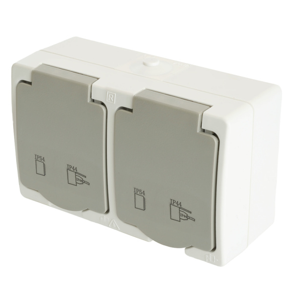 Розетка 2-местная с крышкой с/з STEKKER PST16-22-54, пластик АВS, 250В, 16А, IP54, белый/серый