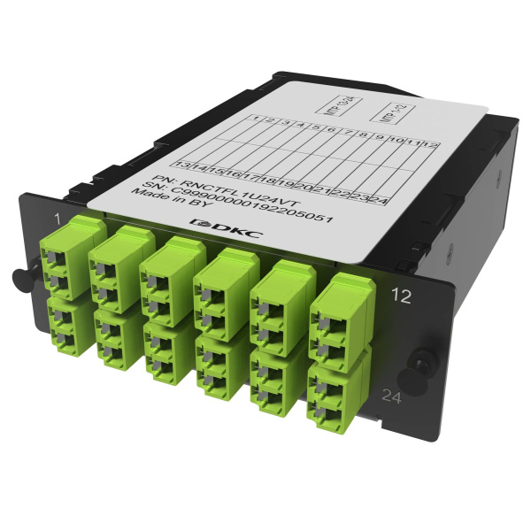 Претерминированная кассета 24ОВ 50/125 OM5, 2xMTP(12)f/12xLC Duplex (с интегрированными шторками), 1 HU DKC