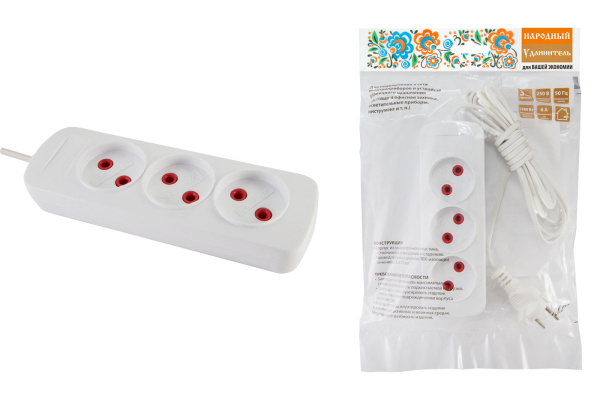 Удлинитель народный  УН3  3 гнезда, 7метров, б/з, ШВВП 2х0,75 мм2  6А/250В TDM