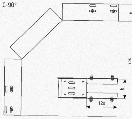 Лоток перфорированный КС 75х65-90 УТ1,5 для поворота трассы вниз на 90, оцинкованный лист S1,0