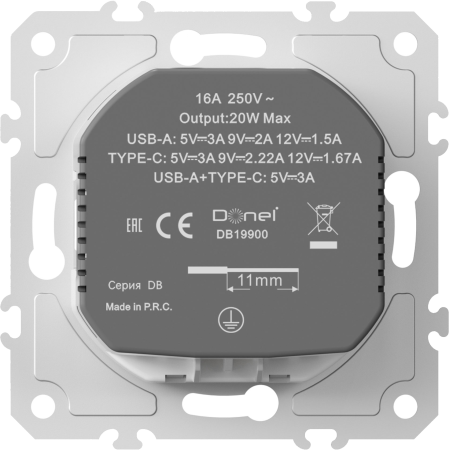 Donel механизм розетки Schuko 16А 250 В~ с зарядным устройством USB A+C, 5V/3A, мощность 20W, на винтах, серия DB