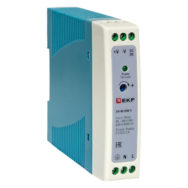 Блок питания на DIN рейку 20Вт, Uвх ~ 220 В AC m, Uвых - 5 В DC постоянного тока EKF