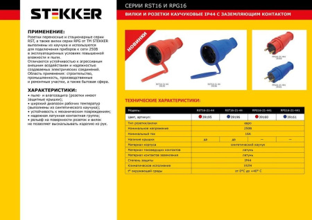 Вилка прямая с/з STEKKER, RPG16-21-441, каучук, 250В, 16A, IP44, красный (В 16-001)