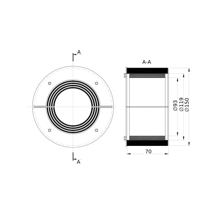 Проходка круглая, нержавеющая, D150х70 мм для кабелей D = 93-119 мм DKC