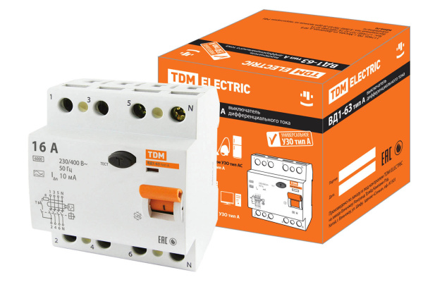 Устройство защитного отключения УЗО ВД1-63 4П 16А 10мА тип А TDM