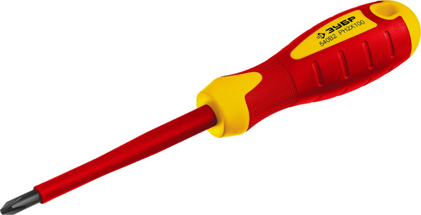 Отвертка диэлектрическая до 1000В, "Профессионал" "ПРОФИ ЭЛЕКТРИК" 25262-2-100, Cr-V, трехкомпонент рукоятка, PH 2 x 100 мм ЗУБР