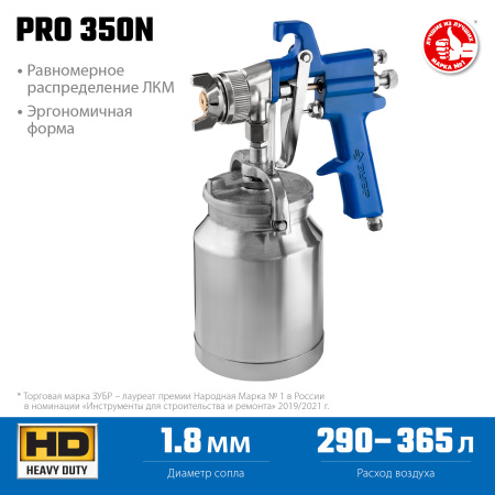 Краскопульт пневматический Профессионал PRO 350N с нижним бачком, 1.8мм ЗУБР