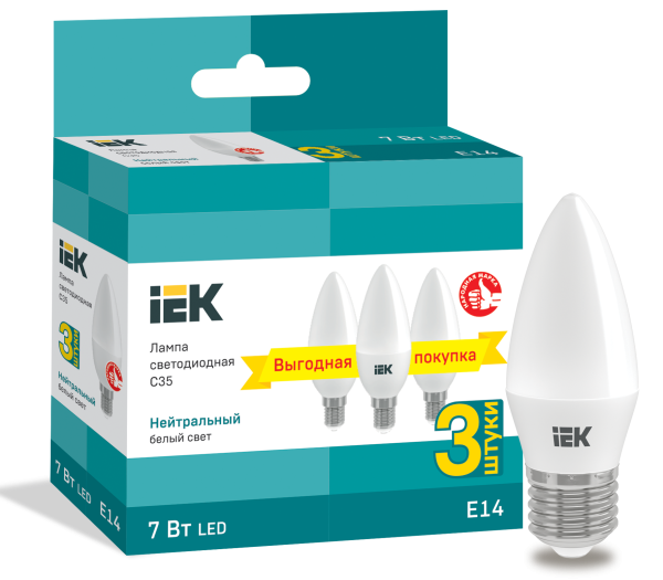 Лампа светодиодная C35 свеча 7Вт 230В 4000К E14 (3шт/упак) IEK