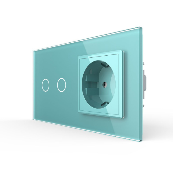 Сенсорный выключатель комбинированный на 2 линии 1 розетка 2 модуля Зеленый Livolo