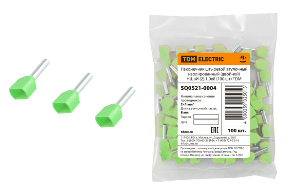 Наконечник штыревой втулочный изолированный (двойной) НШвИ (2) 1,0х8 светло-зеленый (100 шт) TDM