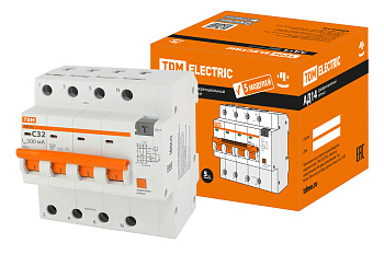 Дифференциальный автоматический выключатель АД14 4П 32А С 300мА 4,5кА тип АС 5 мод TDM
