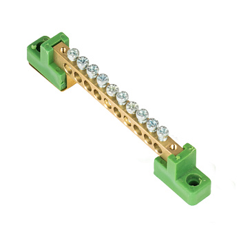 Шина "0" PE 6x9мм 10 отверстий латунь с контактной пластиной 2 зелёных угловых изолятора PROxima EKF