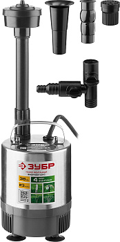 Насос фонтанный, ЗНФЧ-23-1.9-C, нерж сталь, для чистой воды, напор 1,9 м, насадки: колокольчик, гейзер, каскад, 38 Вт, 23 л/мин ЗУБР