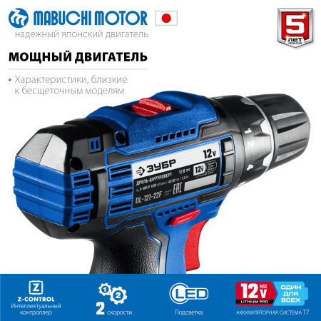 12В + LED фонарь, 2 АКБ (2Ач), в кейсе, дрель-шуруповерт, Профессионал. DL-121-22F ЗУБР