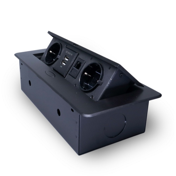 Розетка горизонтальная выдвижная 2 Euro 16А, 2 USB A с блоком 5В/2.1А, RJ45 RocketSocket, проводка, цвет черный