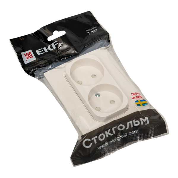 Стокгольм Розетка 2-местная б/з 10А белая с защ, штор, EKF