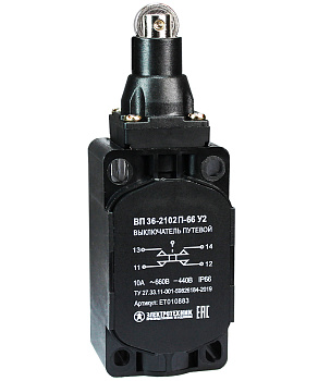 Выключатель путевой ВП 36-2102П-66 У2, толкатель с роликом, 1з+1р, безинерционный, 30х60 мм, без сальника, 3А, IP66 Электротехник