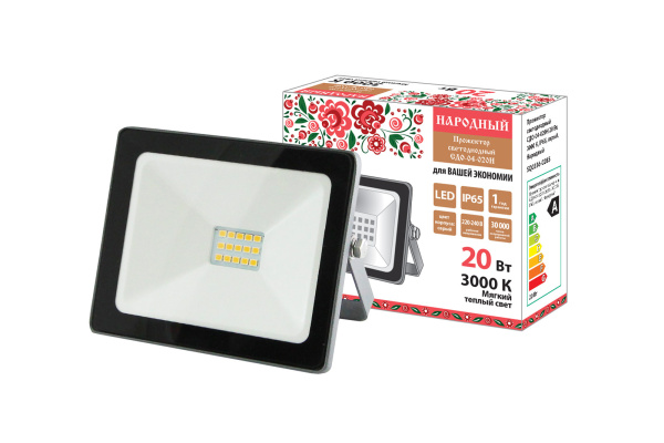 Прожектор светодиодный СДО-04-020Н 20 Вт, 3000 К, IP65, серый TDM, Народный TDM