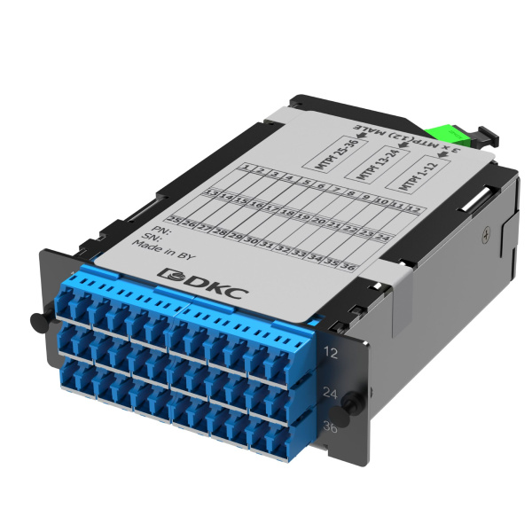 Претерминированная кассета 36 ОВ 09/125 OS2, 3xMTP(12)f/18xLC-UPC Duplex (с интегрированными шторками), 1 HU DKC