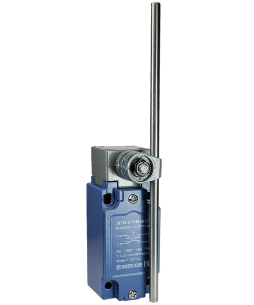 Выключатель путевой ВП 36-2153М-66 У2, круглый стальной рычаг, регулируемый по длине, 1з+1р, безинерционный, 30х60 мм, без сальника, 3А, IP66