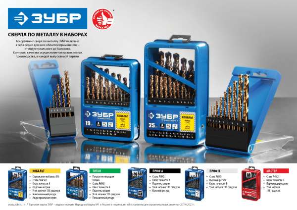 ПРОФ-В 19шт(1-10мм), Набор сверл по металлу, сталь Р6М5, класс В, мет.бокс ЗУБР
