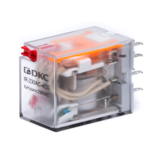 Реле миниатюрное промышленное общ.назн., 4CO, ком.ток 6А, AgSnO₂, 230В AC, опция: тест-кнопка+светодиод DKC