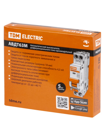 Дифференциальный автоматический выключатель АВДТ 63М 2П (1П+N) 25А С 100мА 4,5кА тип АС TDM