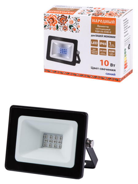 Прожектор светодиодный СДО-04-010Н-С (синий свет) 10 Вт, IP65, черный, Народный TDM