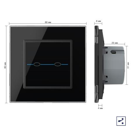 Сенсорный проходной выключатель Quadro 2 клавиши 1 пост Черный Livolo