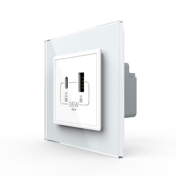 Розетка USB type C+A с блоком питания 36W Livolo 1 пост Белая VL-C7VUA18W.UC18W-2WP Розетка USB type C+A с блоком питания 36W Livolo 1 пост Белая VL-C7VUA18W.UC18W-2WP