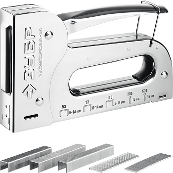 Универсальный стальной степлер 6-в-1: 53(6-14мм)/140(8-14 мм)/53F/13/300/500, Универсал-14 ЗУБР
